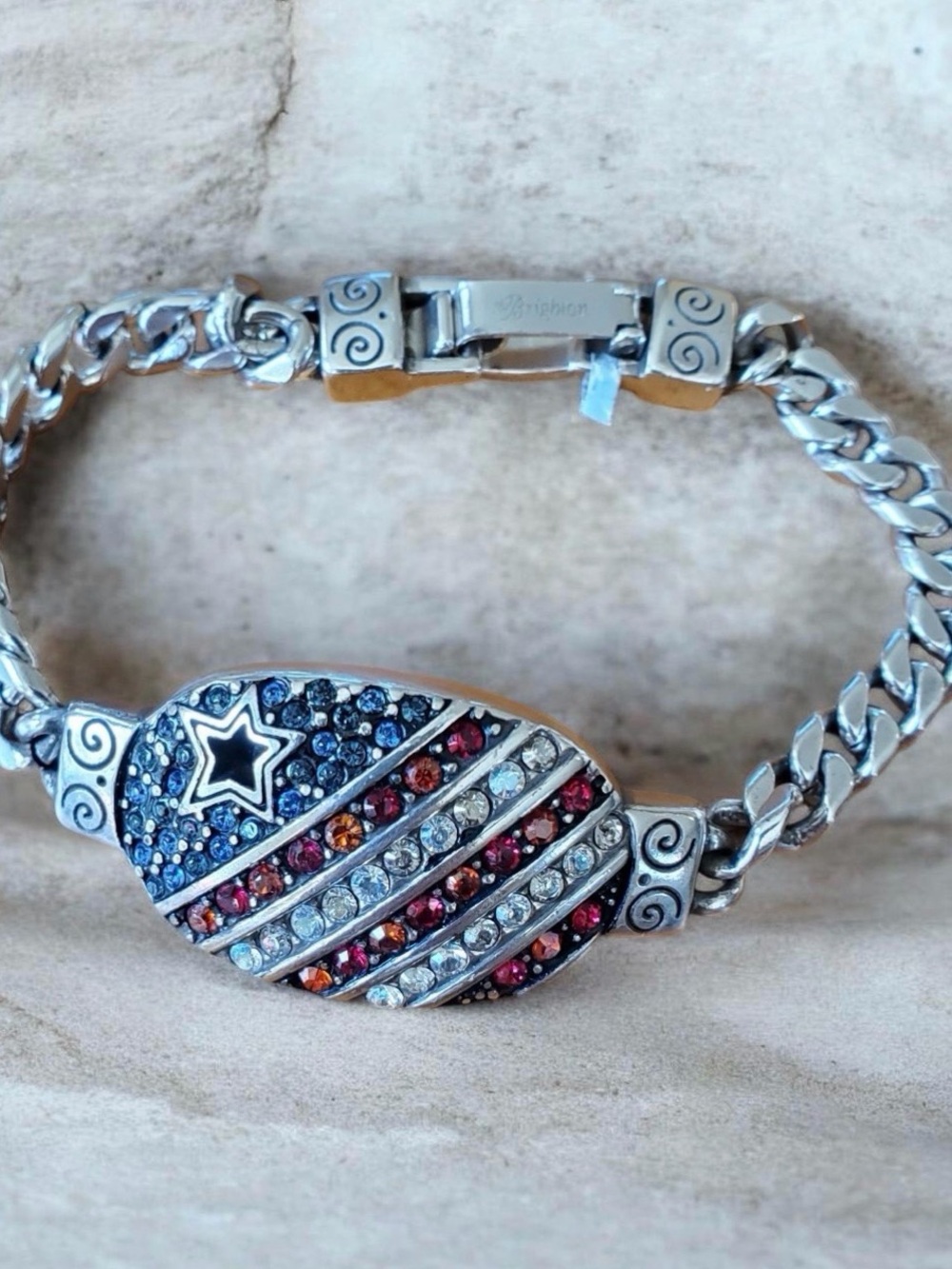 BRIGHTON Americana ID Bracelet “I Love America” Flag Patriotic Swarovski Crystal